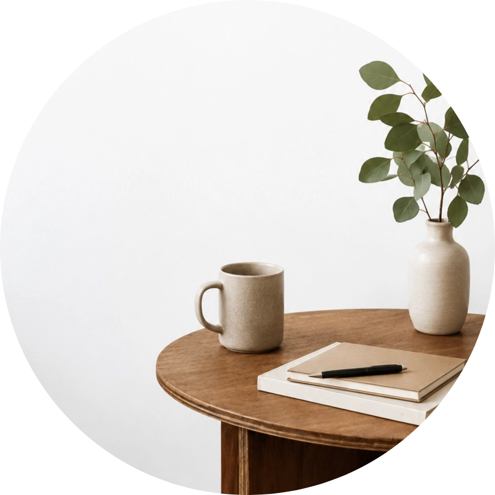 Minimal desk with a cup and plant in a calm professional workspace